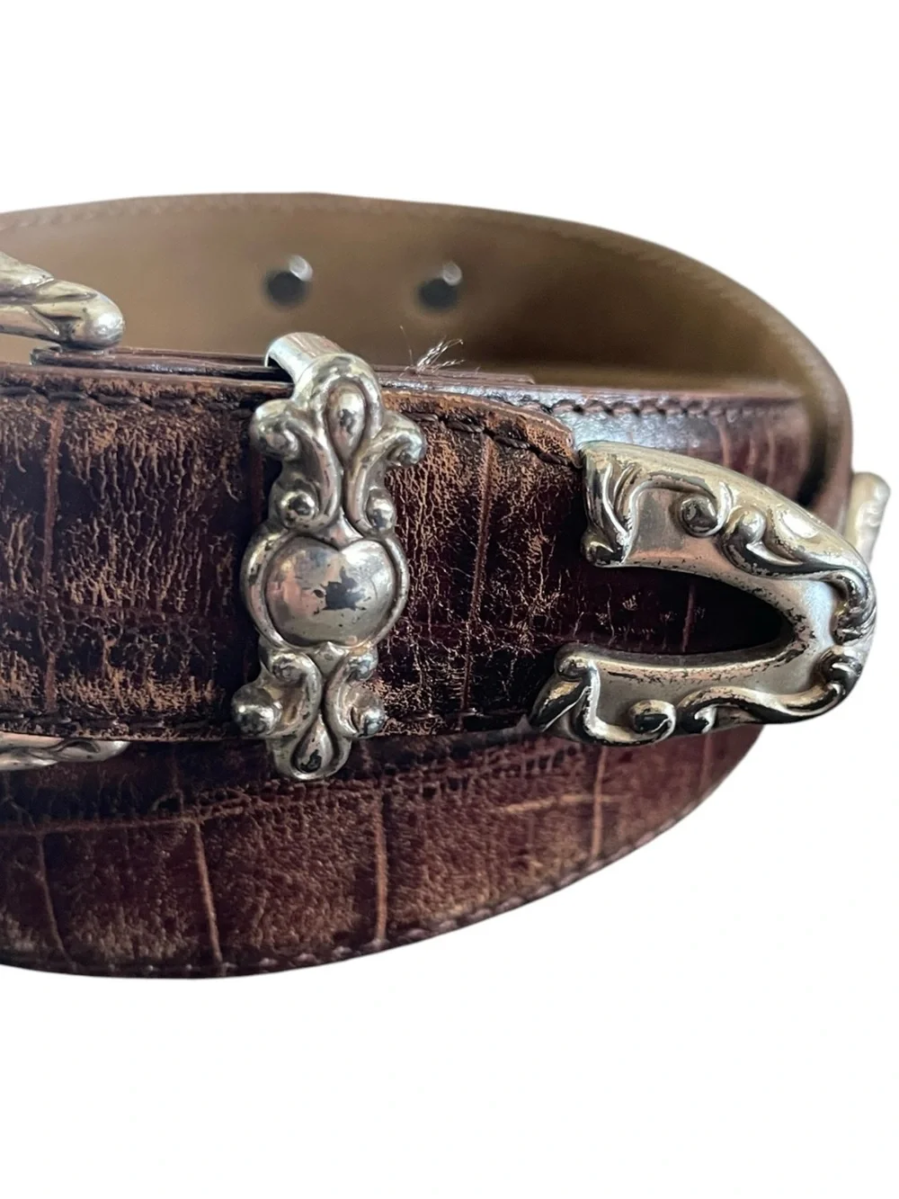 Fossil Alligator Print Embossed Leather with Silver Tone Ornate Medallions Large
